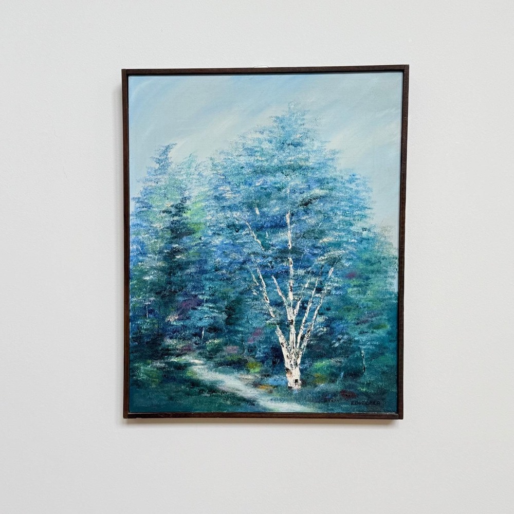 Vintage Signed E. Dutcher Birch Tree Landscape Oil Painting Framed‎ Canvas